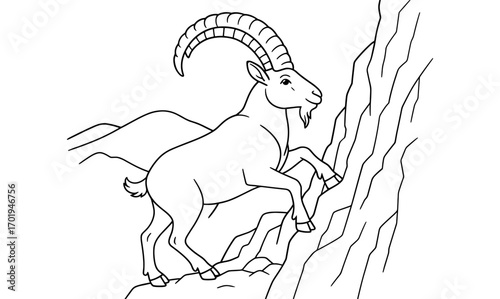 Majestic ibex climbing a cliff scene for nature adventure design