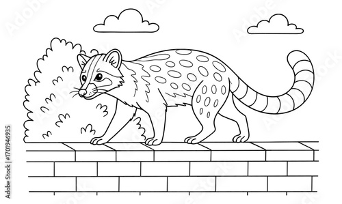Civet strolling along garden wall with cloudy sky - perfect for coloring pages and nature designs