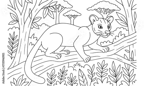 Fossa in madagascar jungle scene for coloring book design