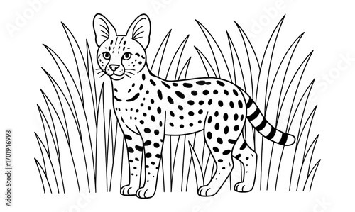 Elegant serval in tall grass illustration for wildlife art and nature design projects