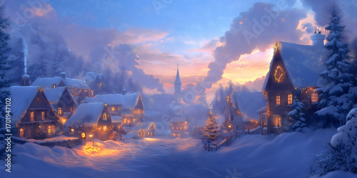 Bild eines verschneiten Dorfes in der Dämmerung mit leuchtenden Weihnachtslichtern zwischen den Häusern, Rauch aus den Schornsteinen und sanft fallendem Schnee unter tiefblauem Himmel – winterliche Id