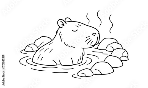 Capybara relaxing in warm water with rocks cartoon illustration