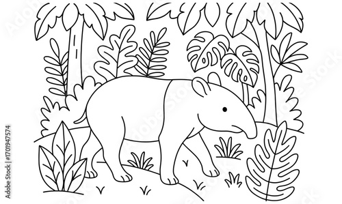 Jungle tapir in tropical forest line art for coloring book or educational illustration