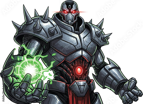 Futuristic robotic warrior with spiked armor, glowing green energy in hand, cybernetic villain, powerful machine, red glowing eyes, sci-fi fantasy