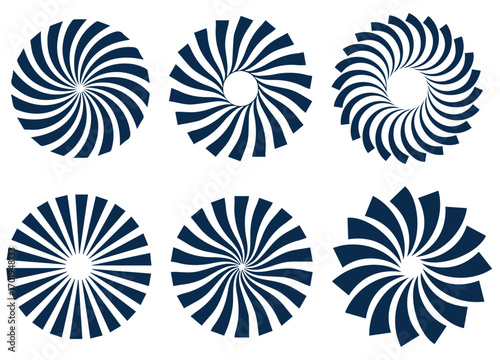 Set of black circle rotating rays and beams. Radial sunburst elements pack. Round spinning swirls, stars and twirls pack. Illustration bundle for banner, badge, sticker, poster