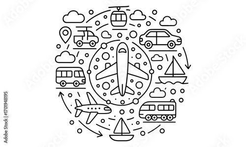 Transportation mandala coloring page featuring airplanes, cars, and boats for relaxation and creativity