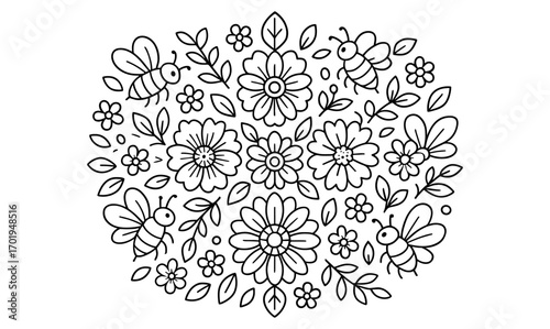 Floral bee mandala design featuring simple composed patterns for artistic coloring and decoration