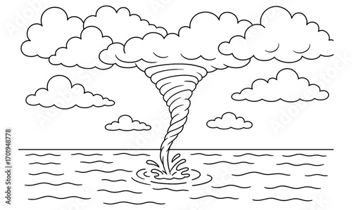 Waterspout coloring page for children with simple design featuring clouds and ocean scene