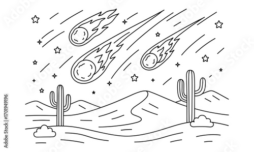 Meteor shower coloring page with cacti and desert landscape for creative illustration