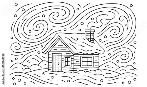 Cozy cabin amidst whirling blizzard - winter illustration for coloring design