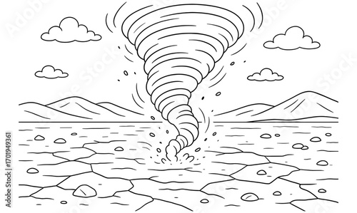 Dust devil illustration with clouds and mountains for nature and weather design