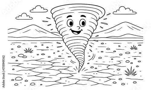Whimsical dust devil cartoon scene in desert landscape with smiling spiral character