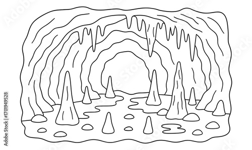 Cave adventure scene illustration for nature exploration designs and coloring books