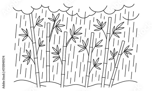 Rainy day with bamboo stalks - minimalistic nature illustration for tranquil designs