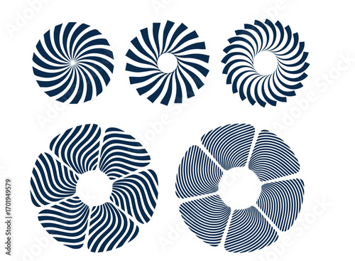 Set of black circle rotating rays and beams. Radial sunburst elements pack. Round spinning swirls, stars and twirls pack. Illustration bundle for banner, badge, sticker, poster