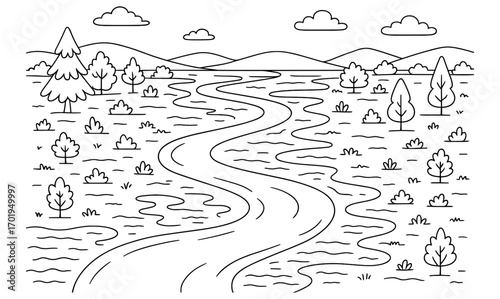 Serene river floodplain illustration for relaxing coloring activities