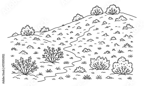 Chaparral hillside landscape coloring page for relaxation and creativity
