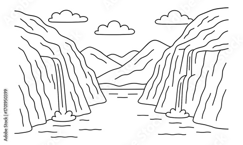 Scenic fjord adventure coloring page featuring waterfalls and mountains for relaxation and creativity