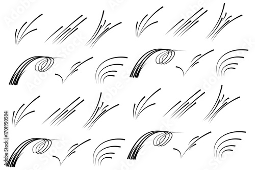 Motion trails of soccer ball, isolated curved and straight lines. Vector collection of powerful burst of energy that spinning rapidly. Football fly actions effect, icons of speed strokes