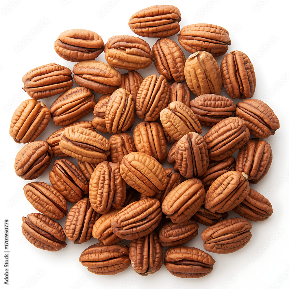 Fototapeta premium The image showcases a pile of oval-shaped pecans, arranged against a white background, with their glossy texture and warm earthy tones.