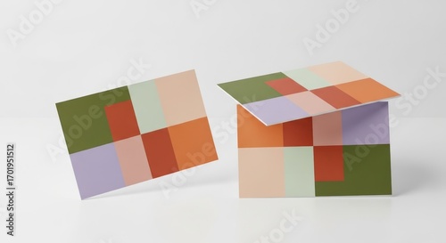 Creative layout showcasing a colorful geometric grid pattern on both a flat card and a folded paper box, representing a modern branding concept