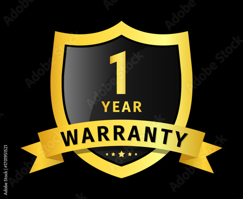 1 year warranty golden shield badge, guarantee label, premium quality emblem, vector illustration