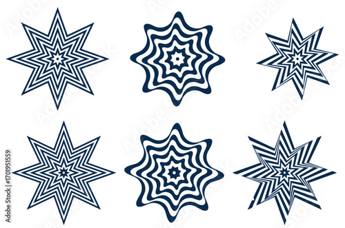 Set of black circle rotating rays and beams. Radial sunburst elements pack. Round spinning swirls, stars and twirls pack. Illustration bundle for banner, badge, sticker, poster