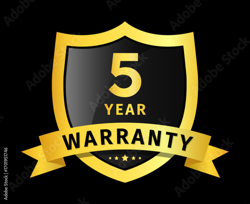 5 year warranty golden shield badge, guarantee label, premium quality emblem, vector illustration