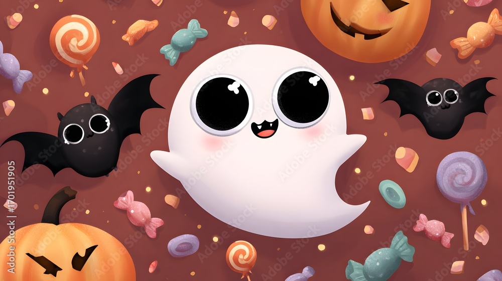 Obraz premium Illustration of a Halloween theme with ghosts, candies, and bats. Cute cartoon ghost and candies. Kid-friendly ghost character