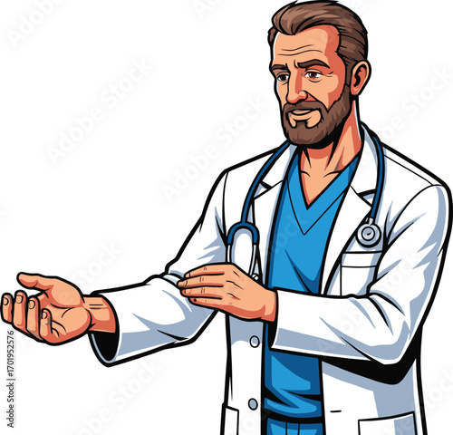 Confident male doctor wearing white coat and stethoscope, professional healthcare provider, smiling medical expert, offering help in hospital.
