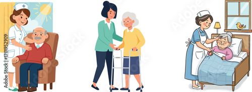 Elderly care, nurse support, senior assistance, caregiving, healthcare service, medical help, home care, retirement care, compassion, aging support, patient wellbeing.