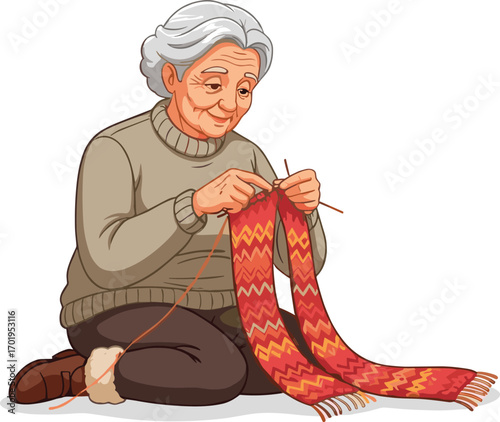 Elderly woman knitting a long colorful scarf while sitting on floor, wearing warm sweater, focused, peaceful, traditional craft, handmade, senior hobby.