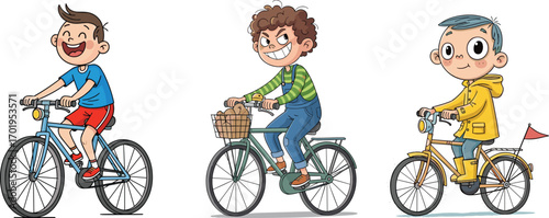 Happy kids riding bicycles, cartoon boys cycling outdoors, playful childhood moments, fun bike ride illustration, perfect for children’s design projects.