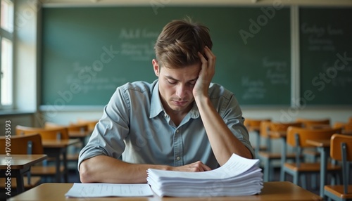 Young male teacher in classroom feeling academic exhaustion with stack of ungraded papers