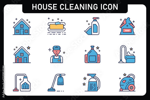 House cleaning icon set. Containing washing, broom, soap, maid, laundry, home cleaning, sponge, vacuum cleaner, mop and more. Solid vector icons collection.
