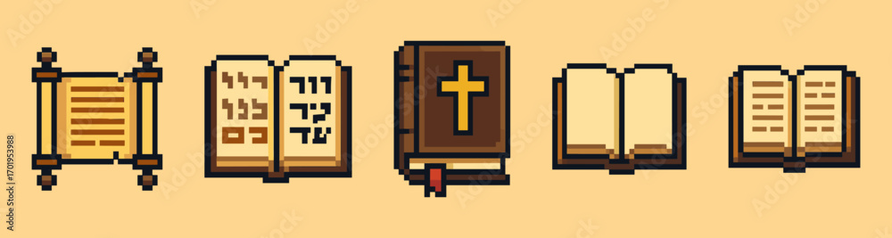 Obraz premium Series of books with a cross on the front. The books are of different sizes and styles