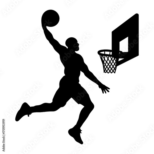 Basketball player is in mid-air, attempting to dunk the ball. The silhouette of the player is black and white, and the basketball is white. Concept of athleticism and determination