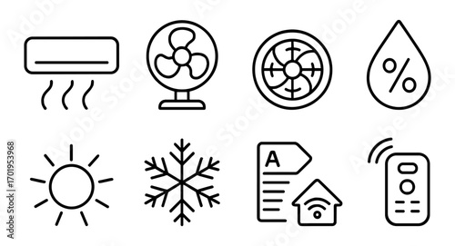 Series of icons for home appliances and devices. The icons include a fan, a remote control, a thermostat, a window, a light switch, a refrigerator, and a water bottle