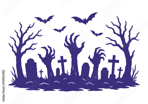 Purple drawing of a graveyard with a cross and a few graves. There are also bats flying in the background