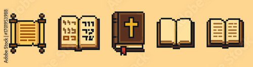 Series of books with a cross on the front. The books are of different sizes and styles