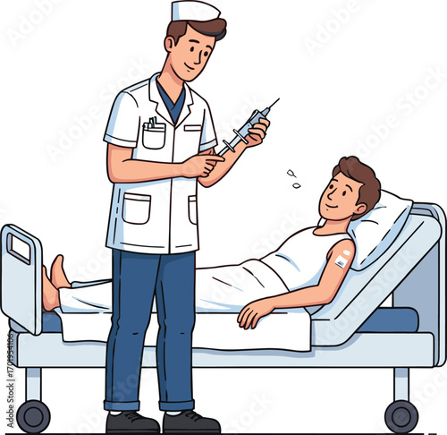 Male nurse preparing injection for male patient lying on hospital bed, healthcare, medical care, hospital room, patient treatment, nurse caring.