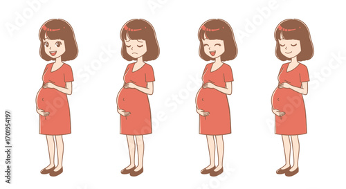 Four Stages of Pregnancy Happy Pregnant Woman Cartoon Illustration