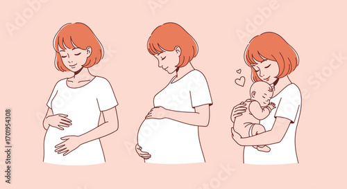 Pregnancy Stages Motherhood Journey Illustration Expectant Mom Baby and Newborn