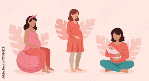 Pregnant Women Stages Motherhood Pregnancy Baby Maternity Vector Illustration