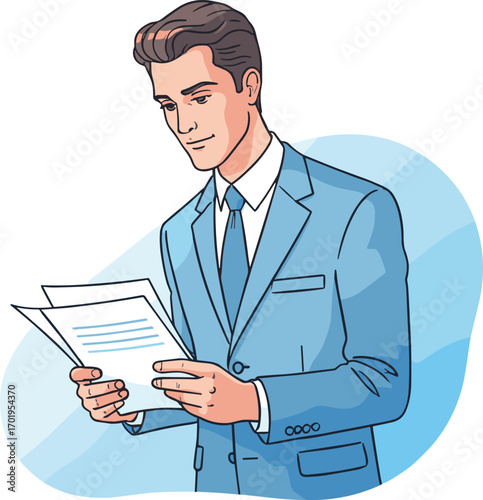 Professional young businessman wearing blue suit reading important documents, office work, corporate employee, business report, focused and serious expression.