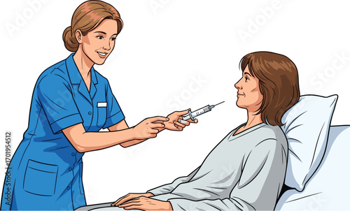 Smiling female nurse preparing syringe for hospital patient, healthcare service, vaccination, medical care, nurse and patient, friendly hospital environment.