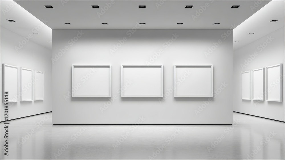 Bright modern art gallery interior featuring blank canvas frames on white walls and polished floor