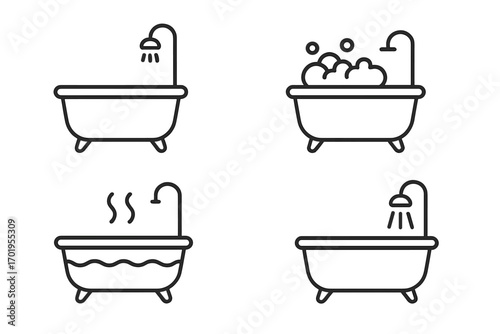 Bathtub thin line icon set. Vector collection of bath and shower symbols for hygiene, washing, and relaxation. Includes bubbles, hot water, and clean water icons. Editable stroke.