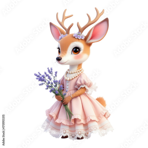 Cute Fawn in Pink Dress with Lavender Bouquet.