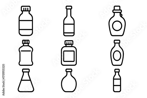 Bottle line icon set with editable stroke. Vector container, jar, vial, and flask symbols. Outline pictograms for medicine, drinks, and cosmetics. UI and web design elements.